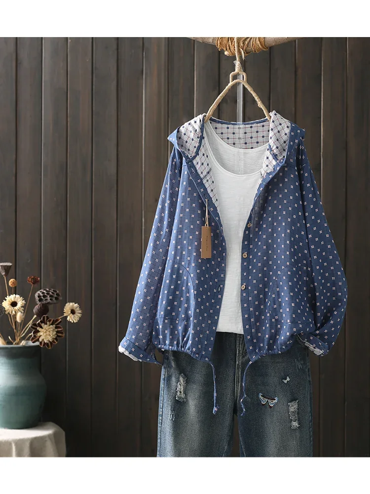 Vintage Polka Dots Pattern Double Layers Cotton Yarn Long Sleeve Hooded Cardigan Shirt Blouse