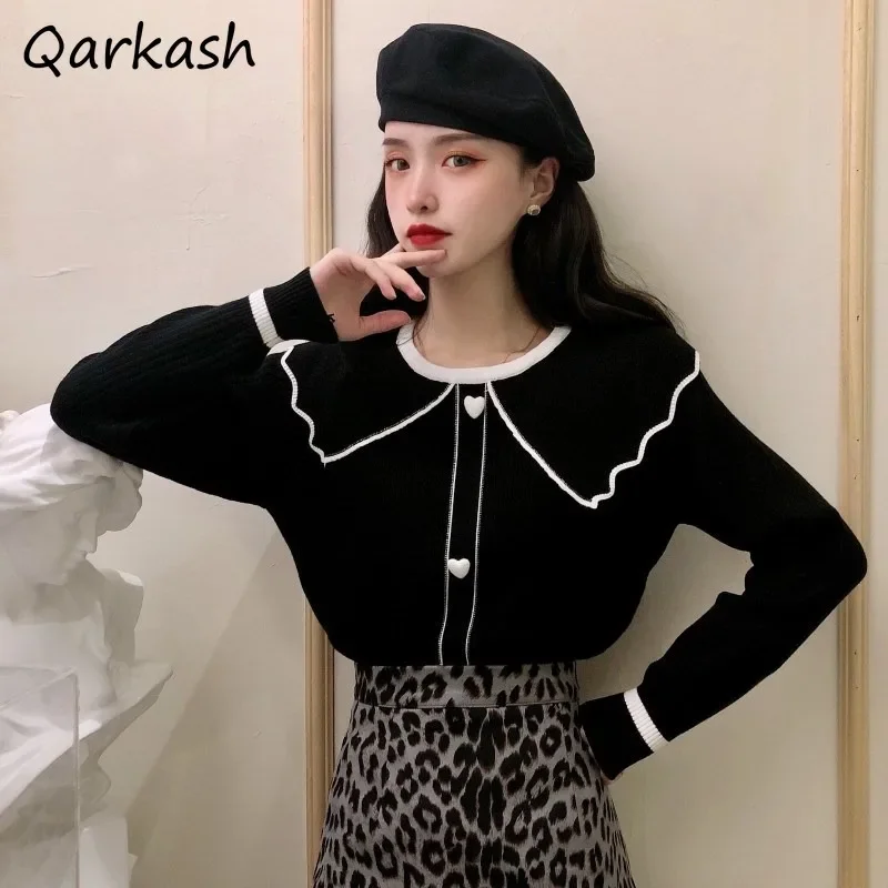 

Pullovers Women Peter Pan Collar Knitted Sweaters Slim OL Korean Fashion Autumn Cozy Casual Tops Contrasting Colors Long Sleeve