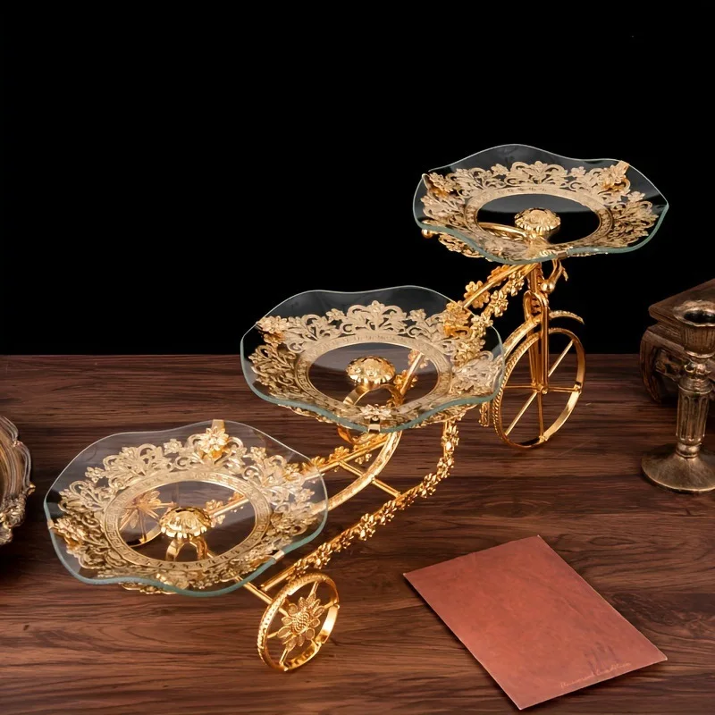 European Bicycle Tempered Glass Fruit Plate, Classical Creative Upscale Living Room Fruit Tumbler Snack Dessert Plate.