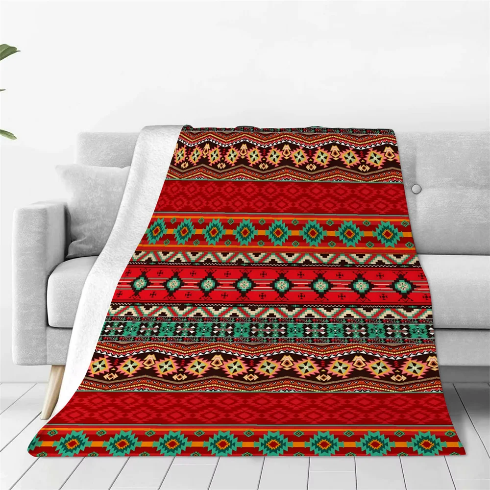 Boho Aztec Flannel Blanket Red Tribal Geometric Pattern Soft Cozy Throw for Sofa Bed Home Decor Warm Winter Gift