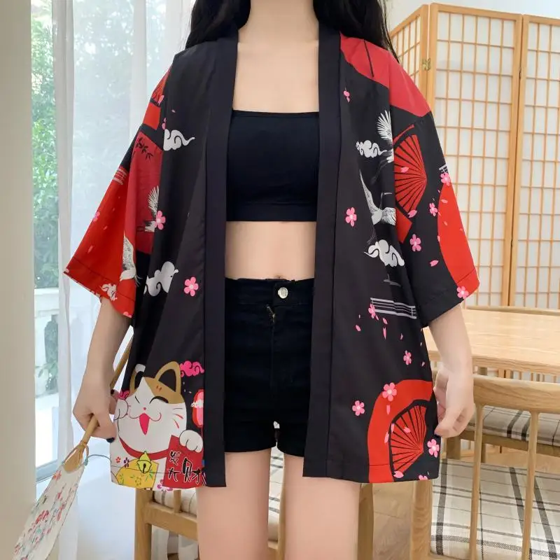 Japanese-Style Retro Cute Girl Academy Style Lucky Cat Print Kimono Cardigan Haori Summer Beach Vacation Bikini Swimsuit Cover-Up Sun Protection Clothing