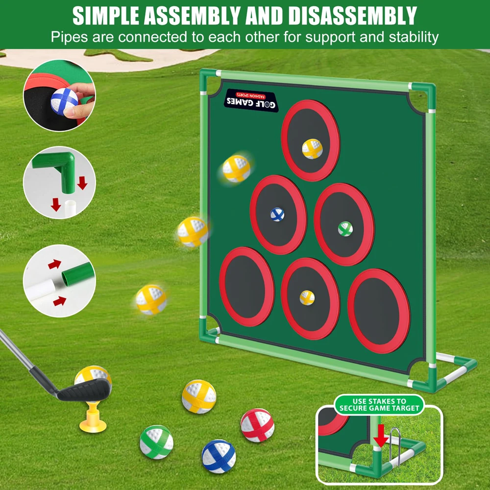 Ensemble complet de jeu de golf avec cible de golf, 20 balles collantes, 6 anneaux détachables, tapis de frappe pour clubs de golf, kit d'entraînement de golf portable pour extérieur, jardin, bureau, cadeau idéal pour les vacances et les anniversaires