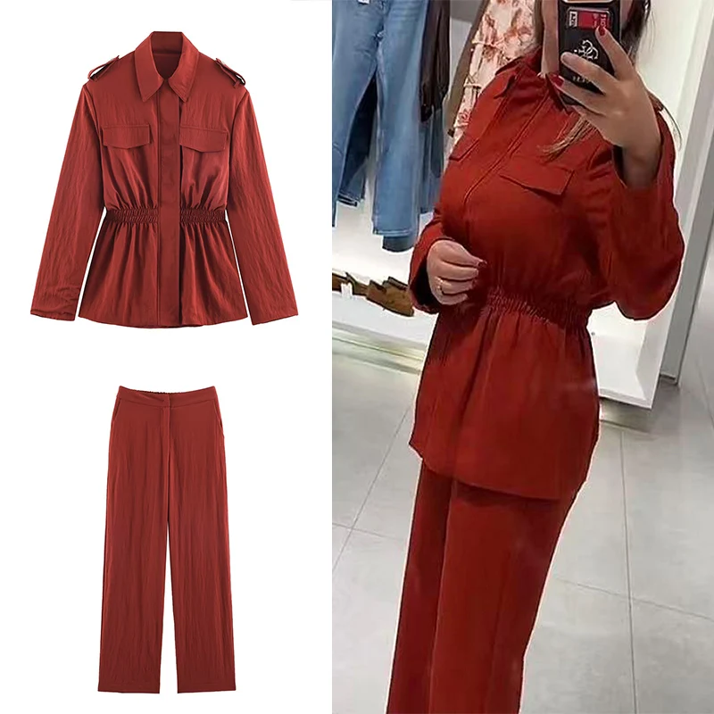 Guobioziy 2026 Autumn Women Cargo Two Piece Outfit Collared Jacket Shoulder Strap Pocket Elastic Waist Pants For Weekend Trip