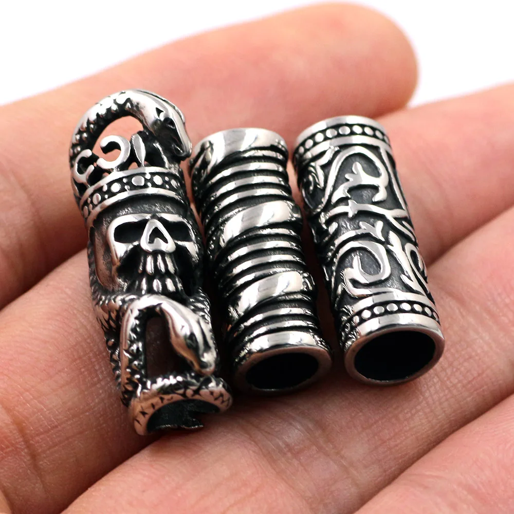 2pcs Stainless Steel Hole 6mm Skull King Snake Tube Beads Slider Charm DIY Men Leather Cord Bracelet Making Jewelry Accessories