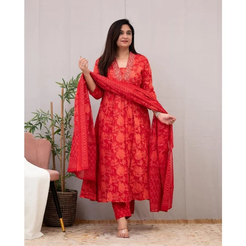 

Red Color Printed Kurti Palazzo & Dupatta Women Salwar Kameez Suit Kurta Palazzo