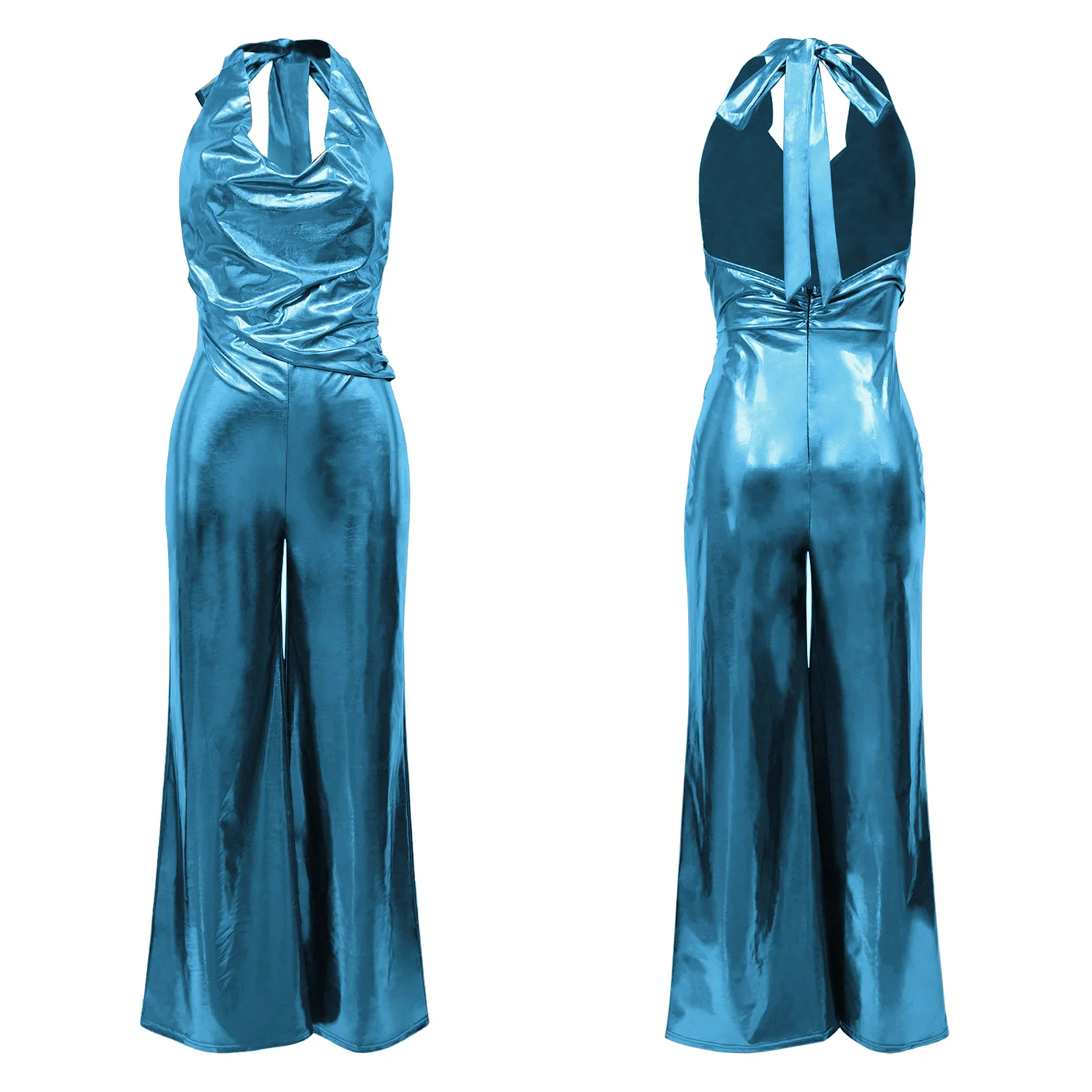 

Womens Metallic Shiny Jumpsuit Halter Cowl Neck Sleeveless Backless Wide Leg Rompers One Piece Clubwear for Fancy Party Raves