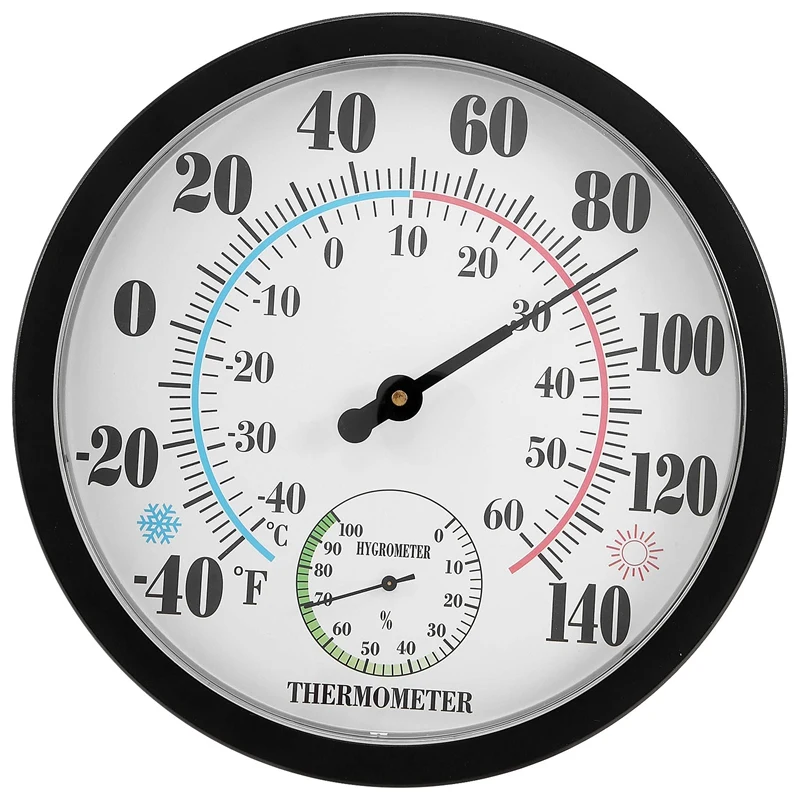 Indoor Outdoor Thermometer Garden Wall Patio Weather Thermometer Hygrometer, Large Number 10 in Diameter (Black)