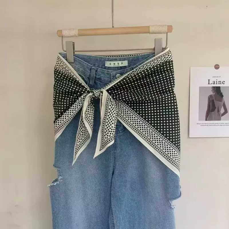 Großer Dreiecksschal im koreanischen Stil mit Paisley- und Polka-Dot-Muster für Damen, Seidenimitat, Kopftuch, Taillenschal oder eleganter dünner Schal – Detail 14