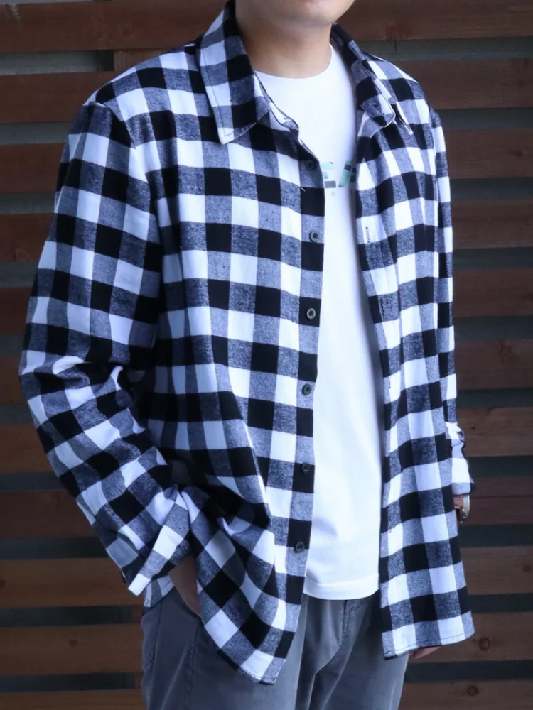 

Men's plaid single-breasted open lapel long sleeve shirt classic color matching outdoor fashion casual shirt spring and autumn