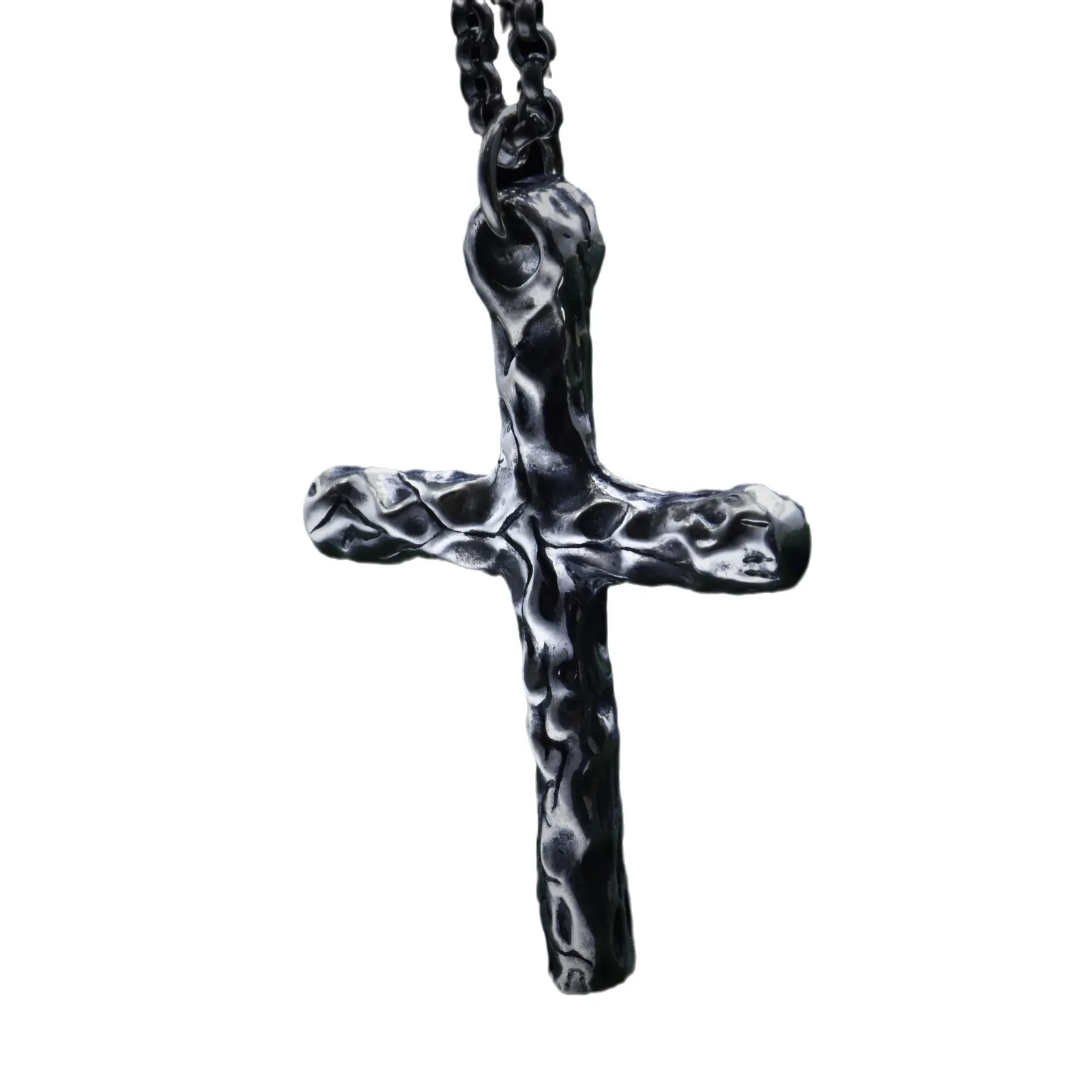 925 sterling silver retro trendy men's European hip hop women's crack cross necklace men's cross meteorite pendant