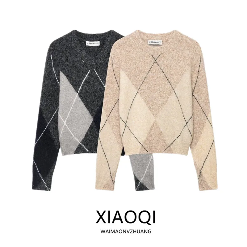 2026 Autumn New Women's Long Sleeve V-Neck Versatile Commute Diamond Pattern Knitted Sweater Loose Fit Comfortable Style