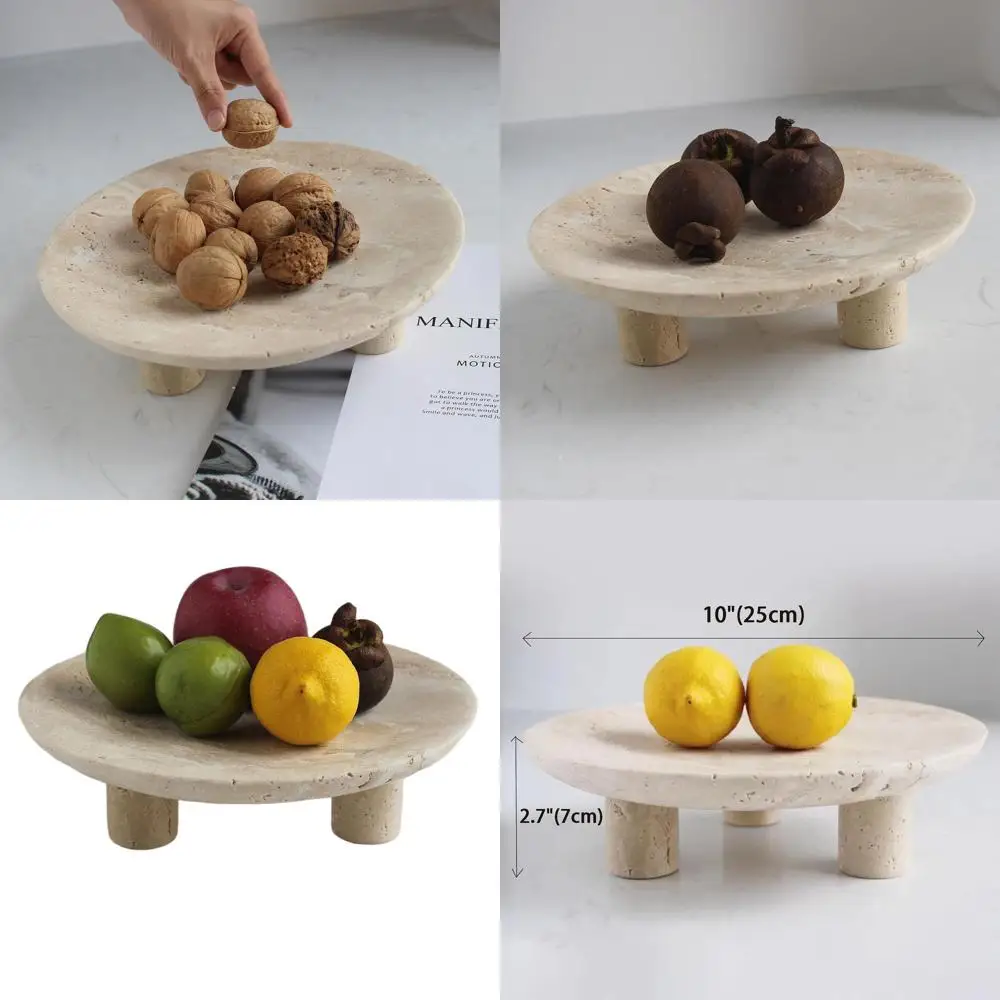 

10 Travertine Fruit Bowl, Elegant 3-Legged Serving Dish, Modern Home Decor & Entryway Key Holder