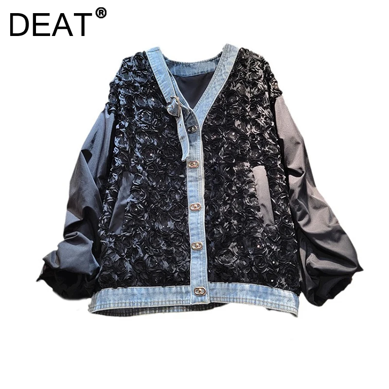 DEAT Women's Coat Patchwork Denim Pleated Flowers Sequins Gold Buttons Loose Elegant Jackets 2025 New Spring Fashion 29L9418