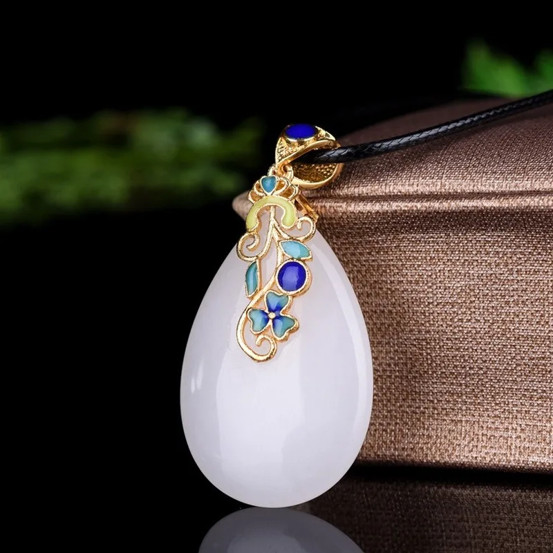 Natural Chinese White Jade Hand-carved Dripping Jade Pendant Fashion Jewelry Men and Women Cloisonne Silver Inlaid Necklace