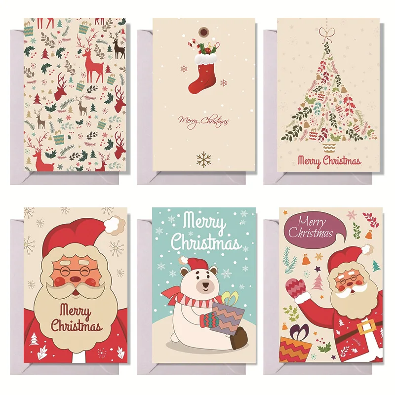 

6pcs/set Cartoon Merry Christmas Folding Card Set with Envelope Gift Message Greetings Card with Envelope Sticker Happy New Year