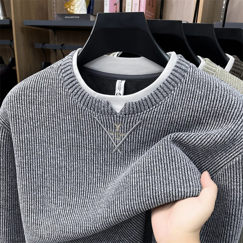 Winter Trendy Men's Old Money Style Splicing Fake Two Piece Top Round Neck Knitted Sweater Fashion Casual Warm Hoodie