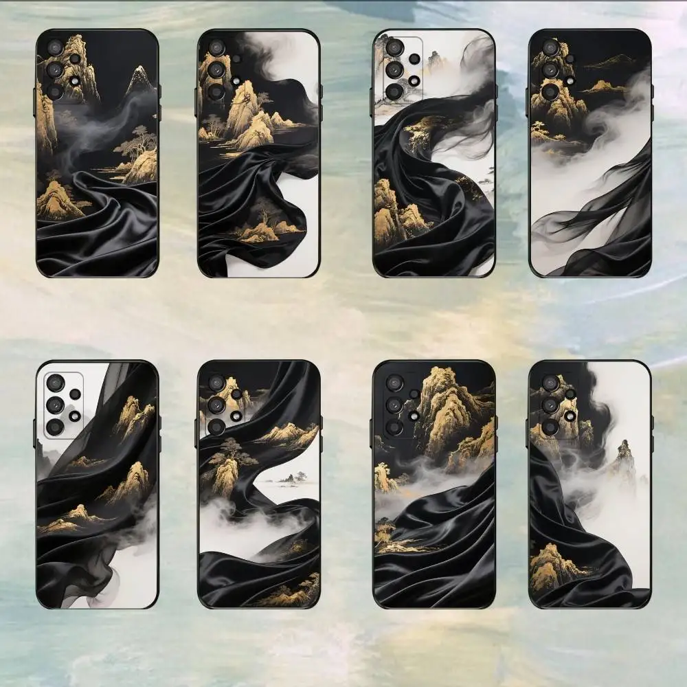 Chinese Style Monochrome Landscape  Phone Case For Samsung S25,S24,S21,S22,S23,S30,Ultra,S20,Plus,Fe,Lite,5G Black Cover