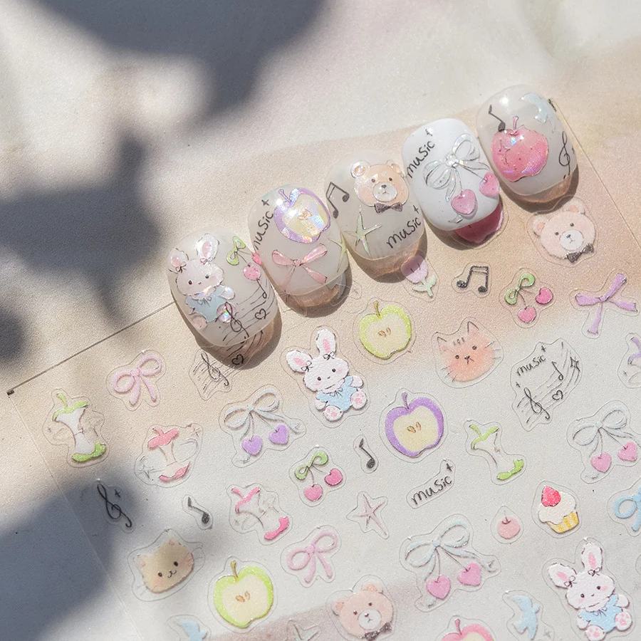 1pc Cute Little Bear Rabbit Bunny Decal Nail Sliders For Manicure Nail Sticker Nail Stickers Nail Art Decorations Flowers