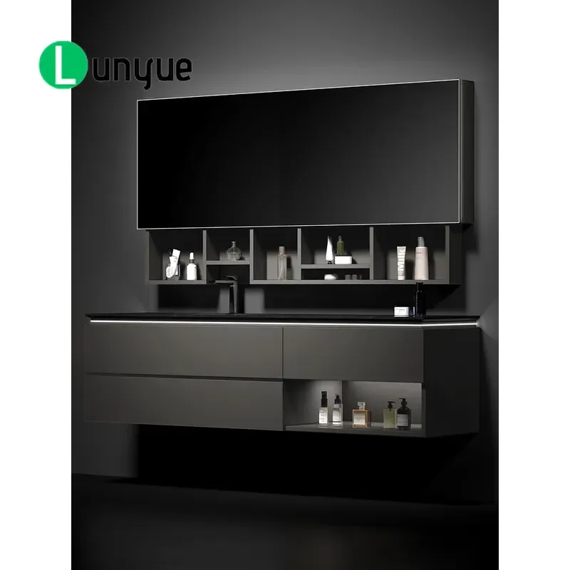 Solid Wood Bathroom Vanity with Rock Slab Top Intelligent Lifting Mirror Cabinet Light Luxury Washbasin Combo for Modern