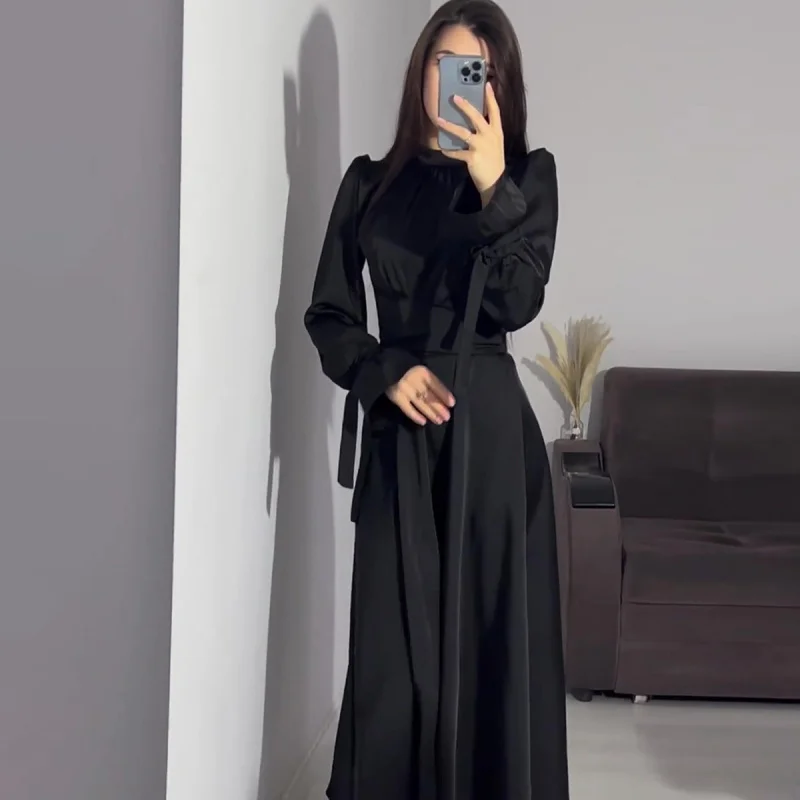 

Spring New Waist-Cinching Slimming Tie Solid Color Long Sleeve Long Dress Design Sense Women's Dress