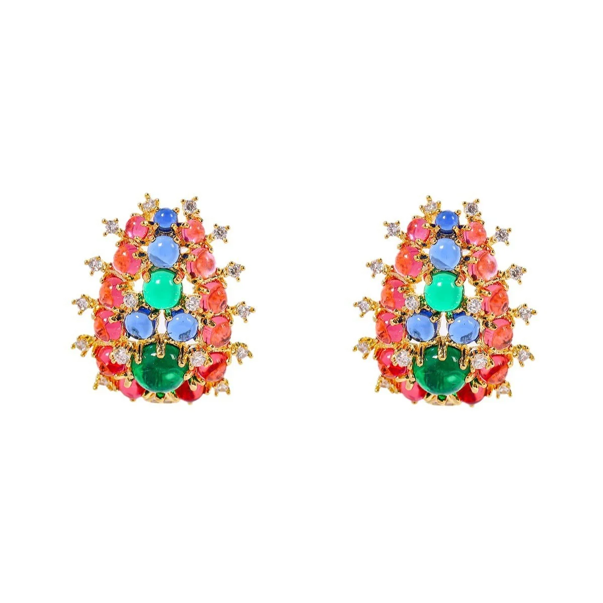 Gold Multi‑Color Cabochon Cluster Stud Earrings Colorful Gemstone Statement Earrings Party Jewelry