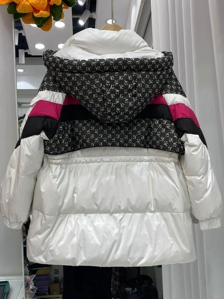 Jaqueta espessa de comprimento médio feminina, casaco puffer de pato branco, com capuz, cor de contraste, solta, grande demais, casual, moda, novo, inverno