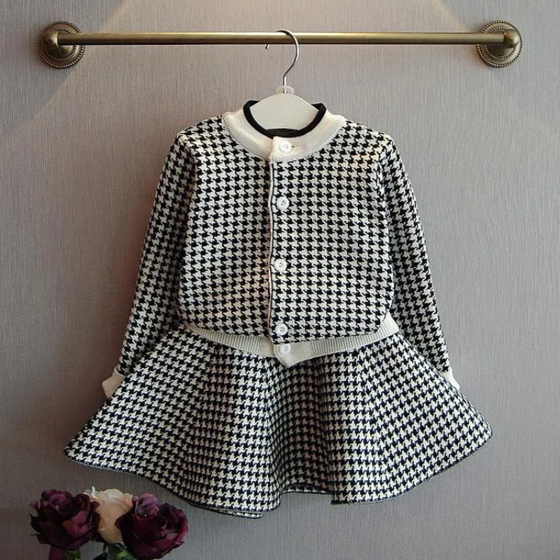 Girls Sets Children\'s Clothing Suits Autumn Winter New Plaid Korean Fashion Knitted Cardigan Sweater+ Short Skirt Kids Outfits