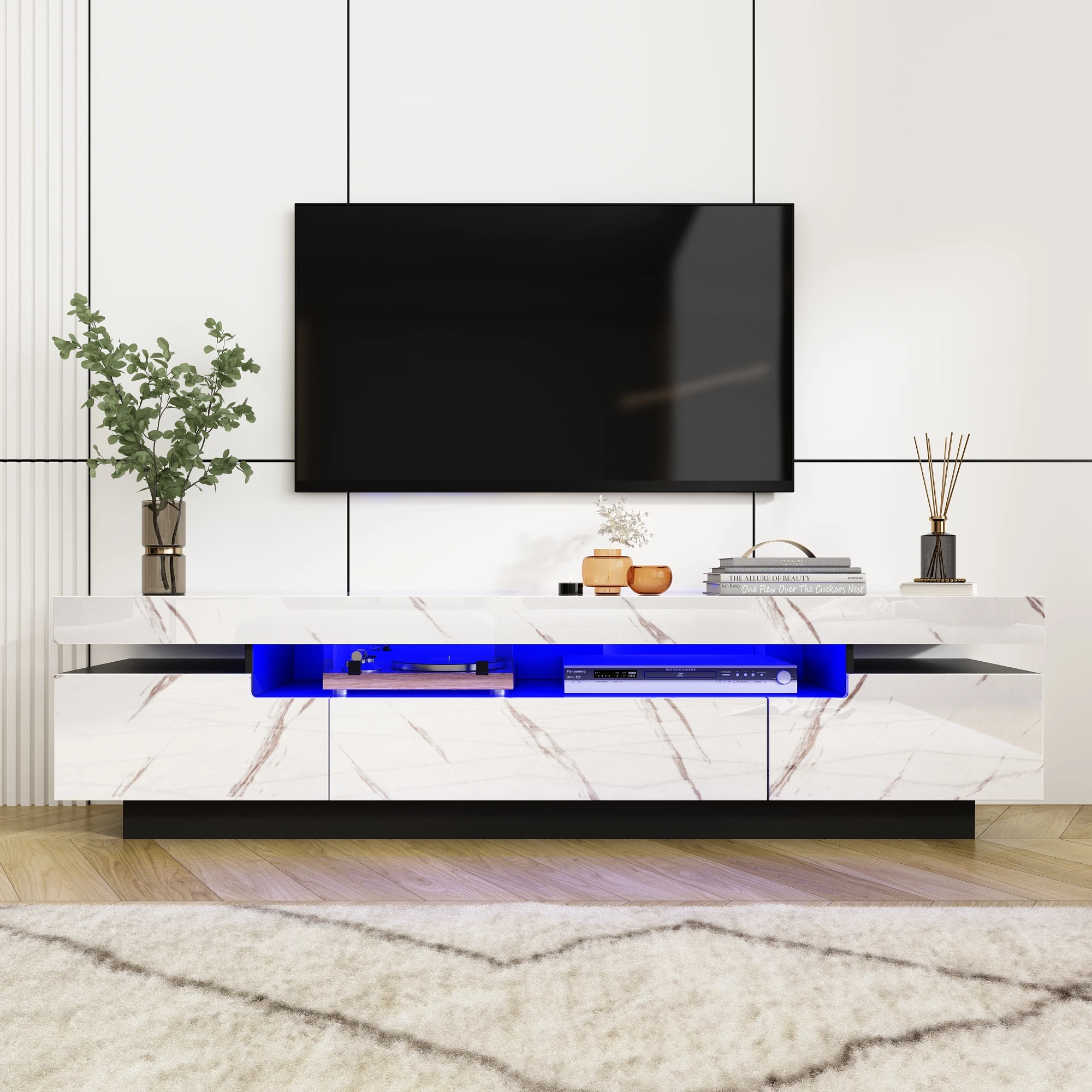 Fotografia 7: Suporte de TV LED de 71 polegadas para TV de 75/80 polegadas, armário de TV moderno para jogos para sala de estar, centro de entretenimento de alto brilho com armazenamento