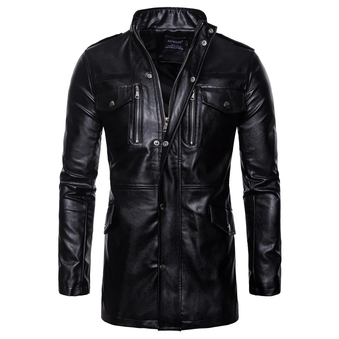 Herbst neue mittellange Lederjacke Stehkragen Vier-Taschen-Biker-Lederjacke für Herren