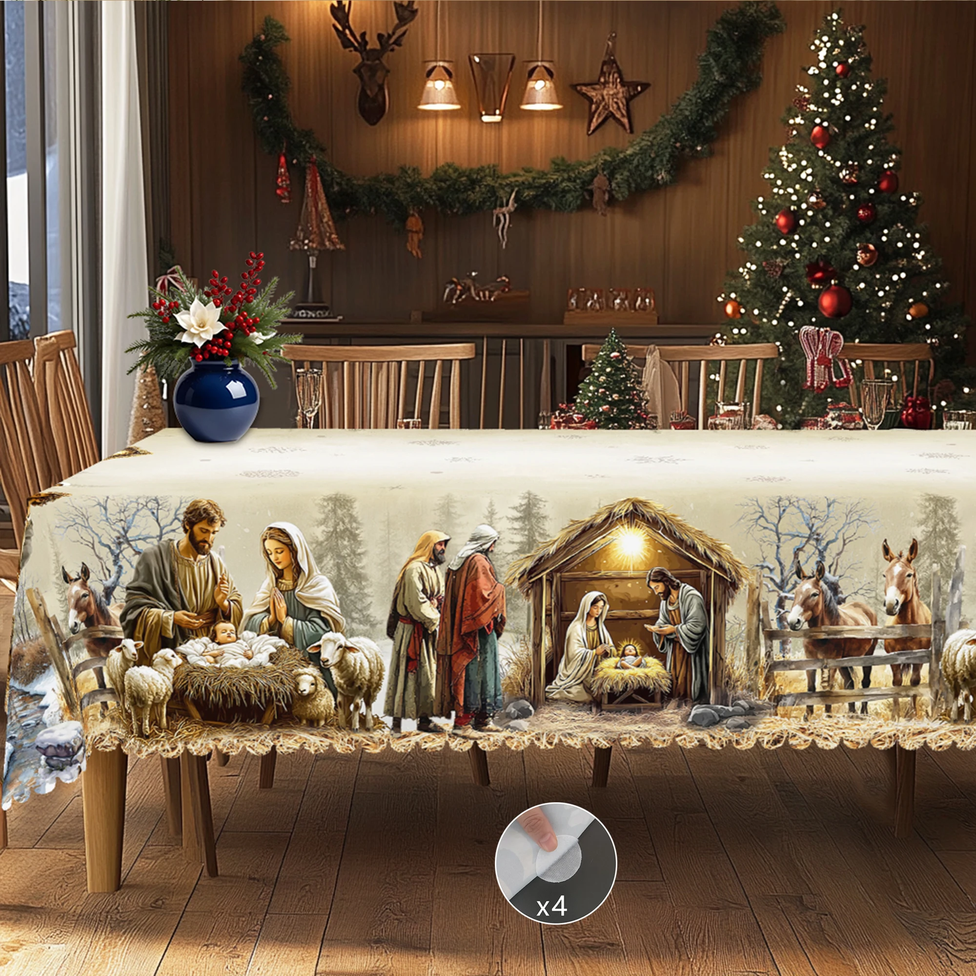 1 Piece of Christmas-Themed Gold-Printed Tablecloth, Vintage Country Farmhouse Style, Nativity Scene Pattern Design, Suitable for Christmas, New Year's Parties, Party Decorations, Kitchen Accessories, Room and Outdoor Decorations, Gifts for Friends, Rectangular and Round Tablecloths, Various Sizes Available