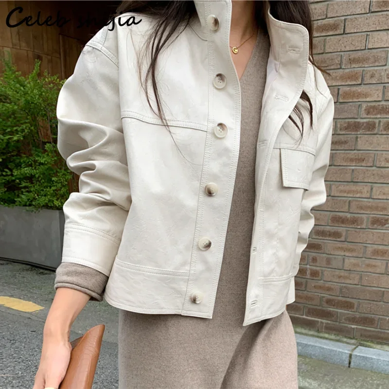 Beige PU Leather Jacket Woman Autumn Winter Streetwear Single Breasted Leather Coat Female Korean Chic Corp Jacket Stand Neck