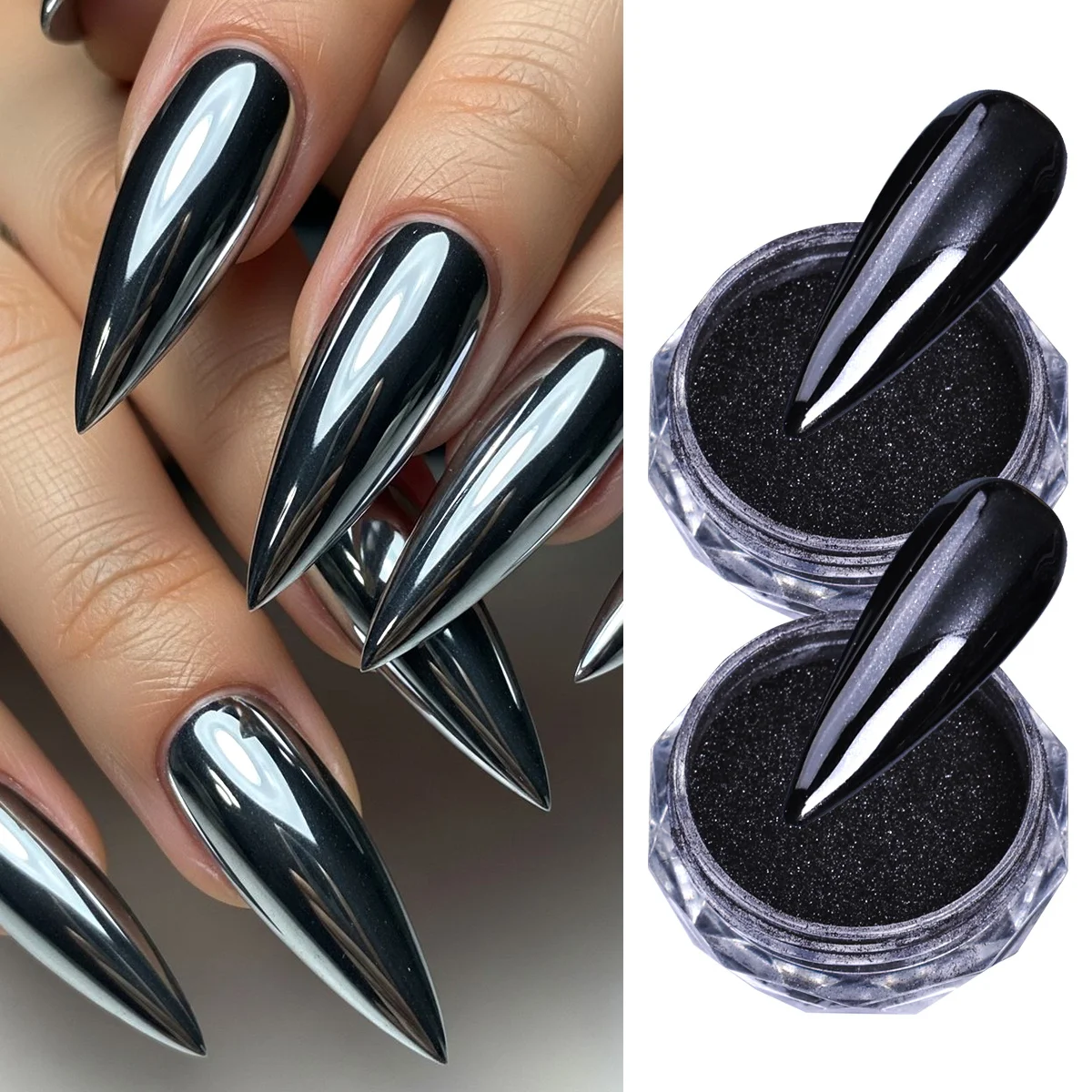 2 stücke Schwarz Magie Spiegel Nagel Glitter Pigment Y2K Kühlen Stil Metall Chrom Reiben Staub Shinning Gel Polnischen Pulver maniküre Dekor