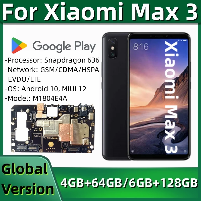 Motherboard for Xiaomi Mi Max3, Original Mainboard PCB Module, 64GB, 128GB Global ROM