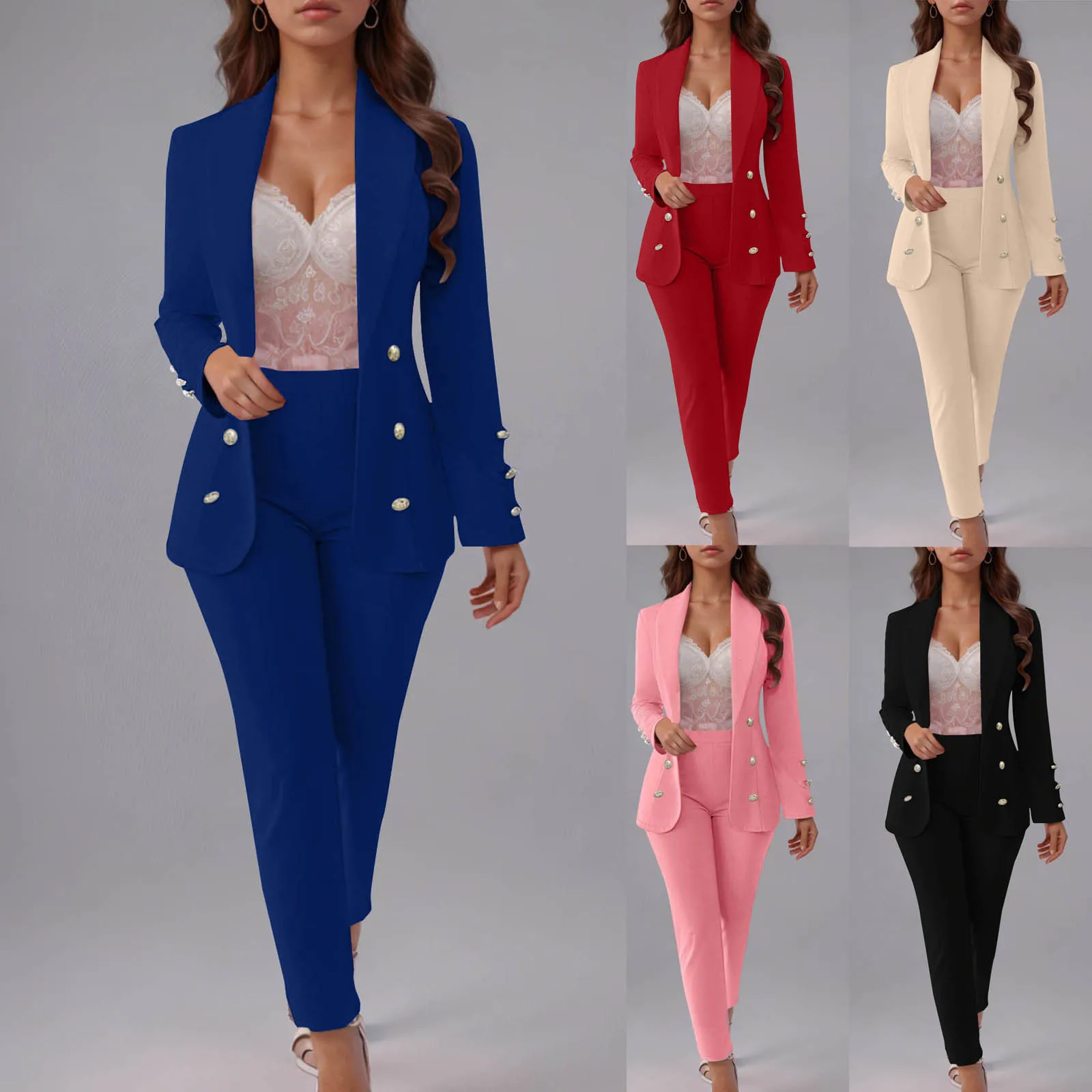 

Lapel Cardigan Temperament Suit Jacket Trousers Two-piece Set 2026 New Fashion Button Slim Solid Color Casual Suit For Women