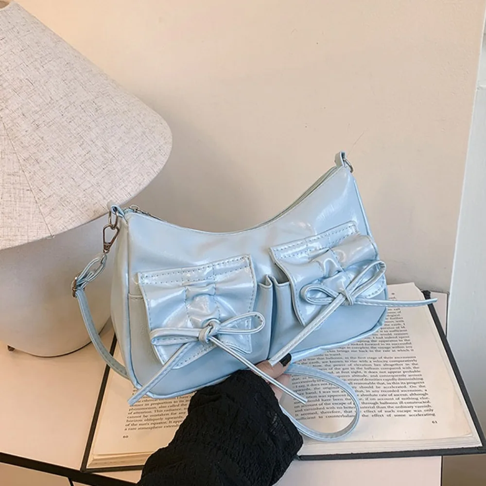 

Sweet Korean Style Bowknot Crossbody Bag Solid Color Ruched Y2k Shoulder Bag Drawstring Strap Pleated Pu Dumpling Bag Outdoor