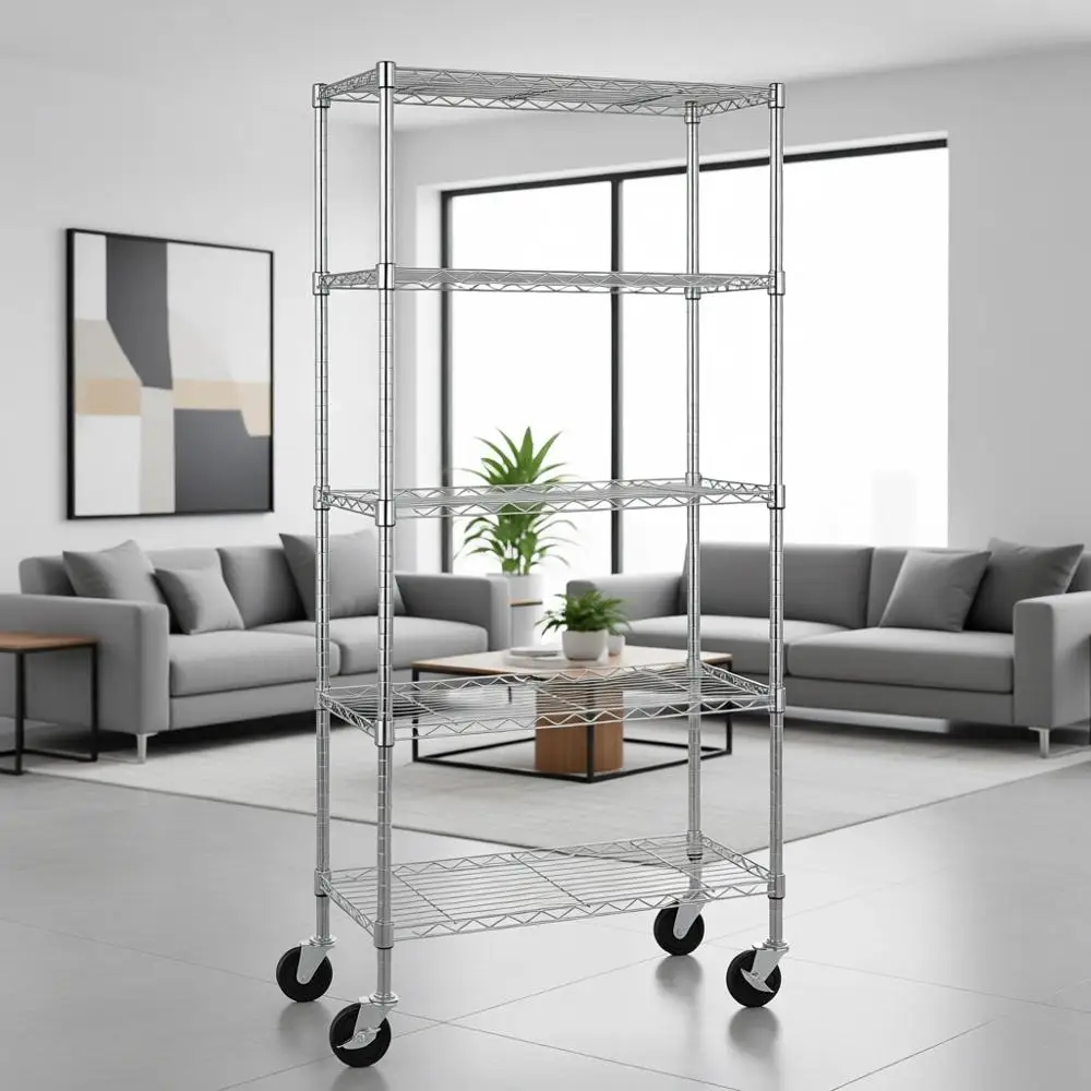 

Adjustable Heavy-Duty Wire Shelving with 4 Casters, Portable Storage, No Tools Assembly, 30 x 14 x 64.8, Chrome