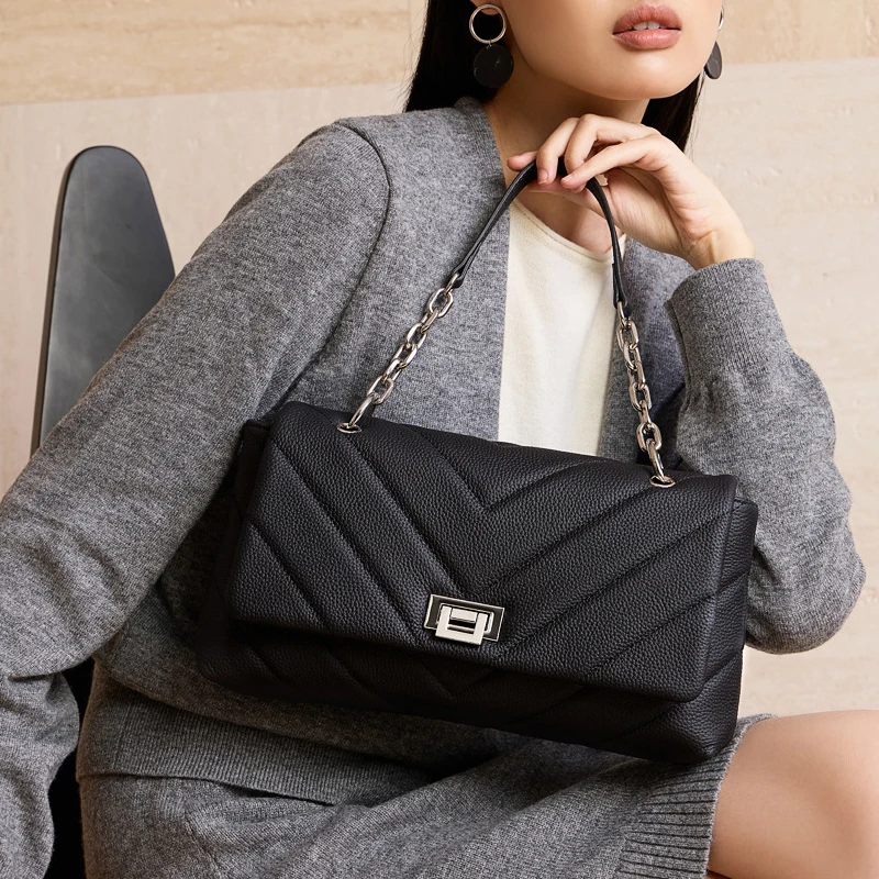 

New Genuine Leather Women's Bag, First Layer Cowhide, Simple Casual Multi-functional Shoulder Bag, Chain Handbag