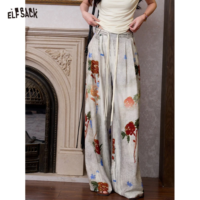 

ELFSACK Women's Vintage Floral Print Straight Leg Pants, Lightweight Woven High Waist Trousers, Casual Summer Streetwear Bottoms