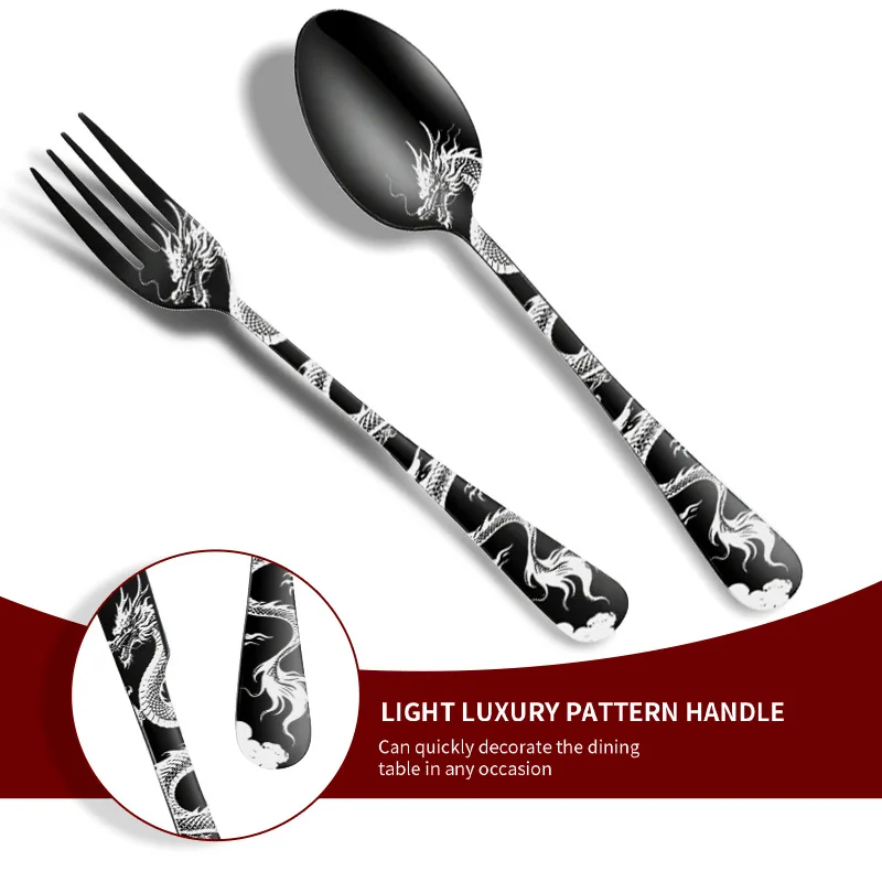 4/5Pcs Premium Laser Dragon Stainless-Steel Cutlery Set, Thickened Knife/Fork/Spoon W/ Portable Bag, Reusable Festival Gift