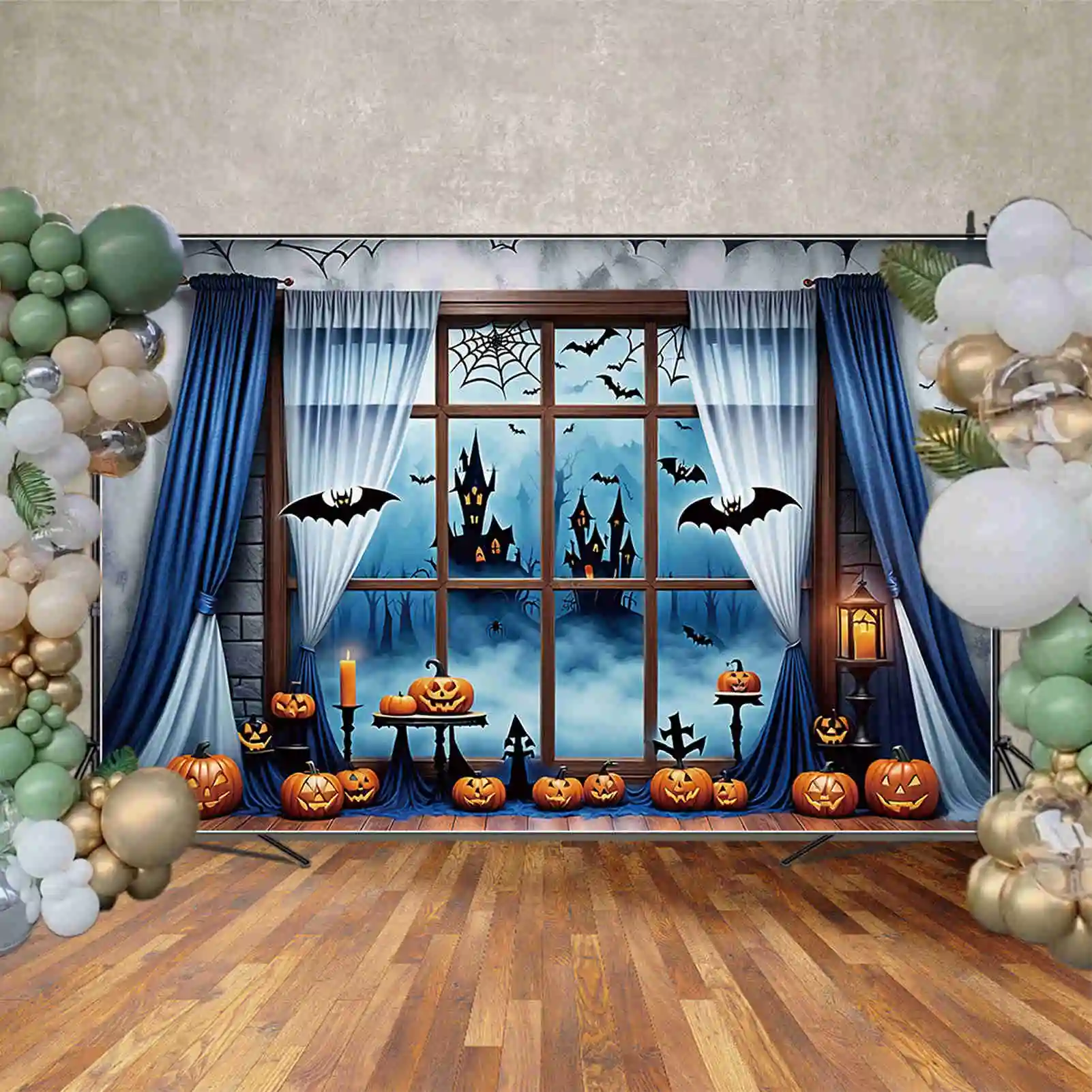 MOON.QG-cortina de fondo de Halloween para niños, telón de ventana de Jack-o-linterna, decoraciones de fiesta personalizadas, accesorios para sesión fotográfica
