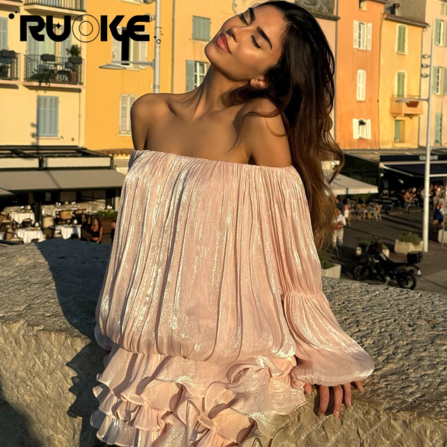 

[RUOKE] Vacation Elegant Romantic Dress Women Off Shoulder Ruffle Mini Dress Slash Neck Tiered Dress Summer Beach Holiday Party