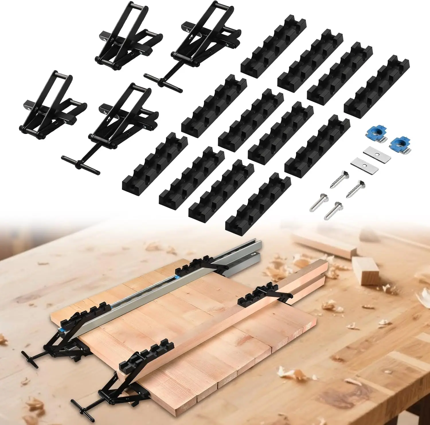 

4-Way Panel Clamps for Woodworking, 2 Pack - Adjustable Pressure Clamps for Bonding Tabletops, Shelves, and Laminate Surfaces