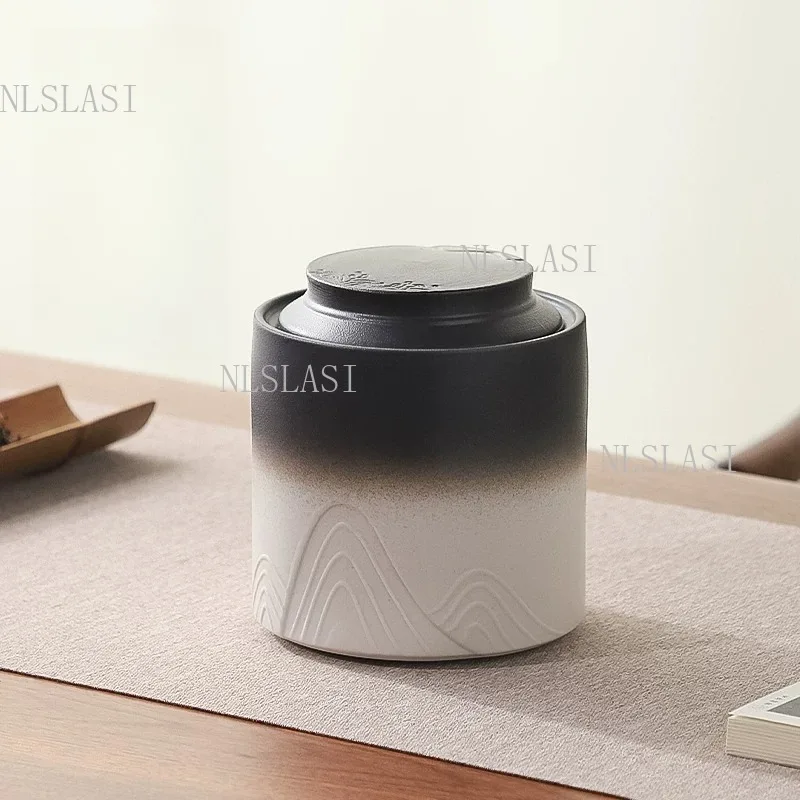 500ml Gradient Black White Embossed Mountain Ceramic Tea Canister Airtight Tea Storage Jar Household Tea Leaf Container