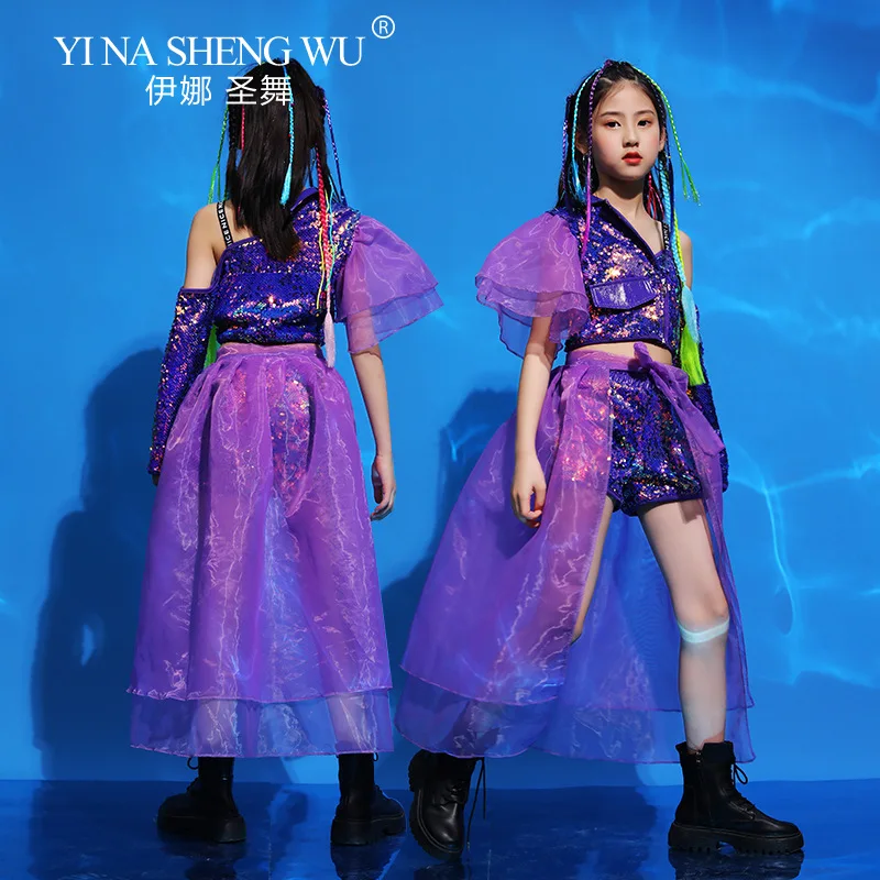 أزياء الفتيات المشي تظهر ملابس الأطفال الجاز الرقص أداء دعوى الهيب هوب الرقص الحديث الزي الأرجواني الترتر بلوزات وسراويل