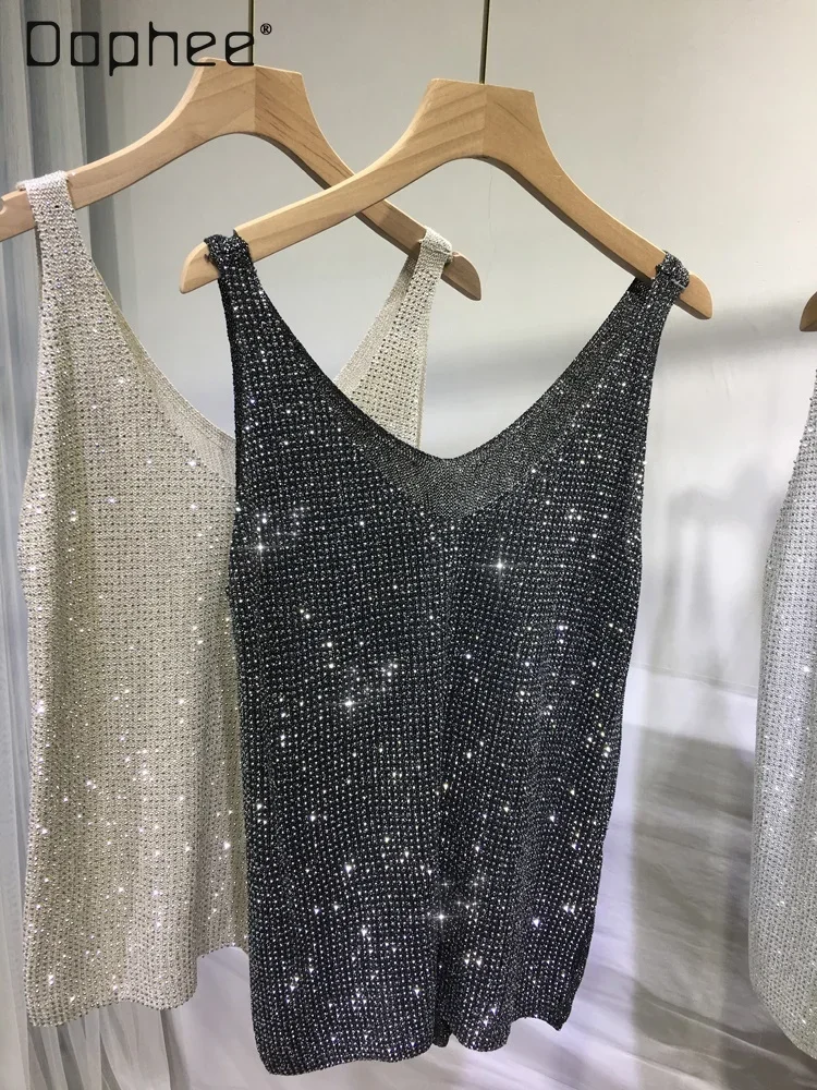 Heavy Industry Sequined Vest Loose Suspender Top Shiny Summer Hot Diamond Sexy V-neck Tank Top Women Clothing 2025 New