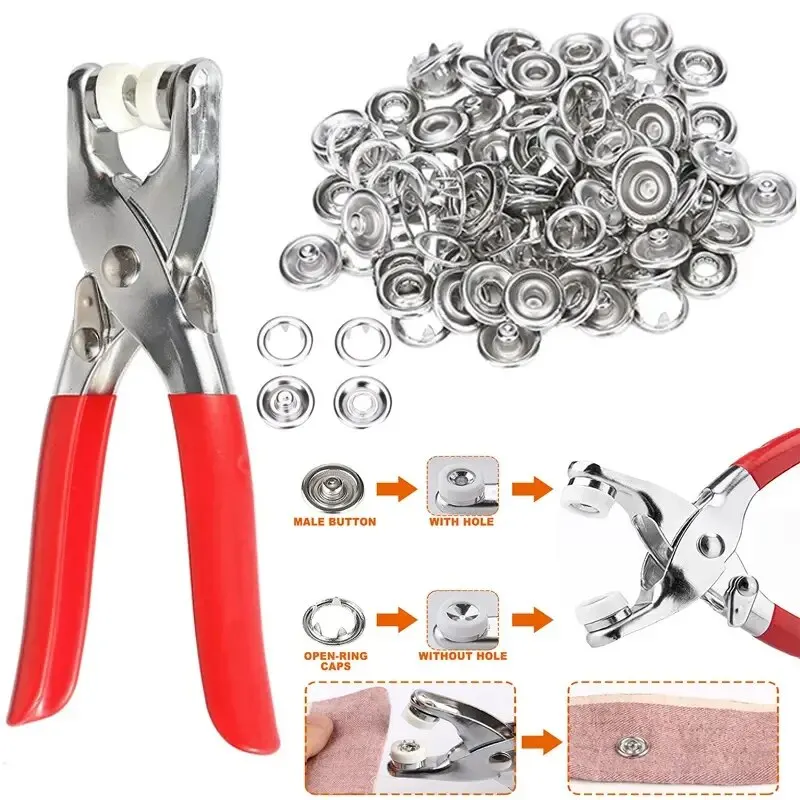 400pcs Prong Rings 9.5mm Buckle Buttons Metal Colour Pliers Snap Button Claw DIY Set Hand Pressure Plier Rivet Buckle Sew Tool