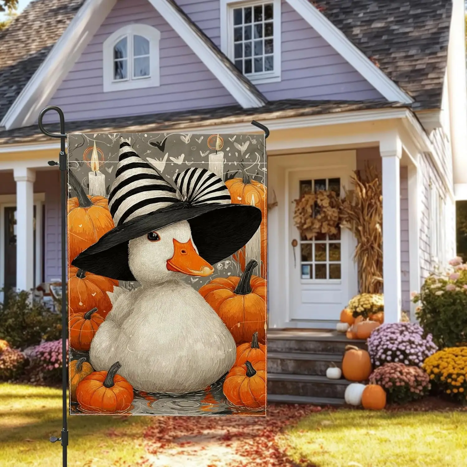 Halloween Pumpkin Duck Garden Flag, Orange Fanciful Duck Hat Decor Banner, Double Sided Burlap Outdoor Lawn Decoration, Fall yyi