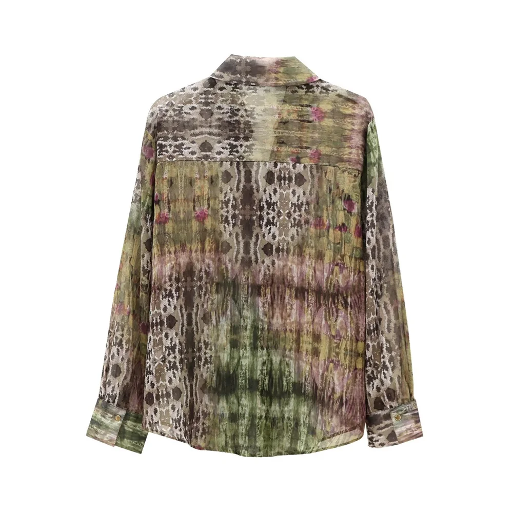 TRAF Autumn new women\'s clothing casual temperament metal color line printing design long sleeved lapel multi-color shirt