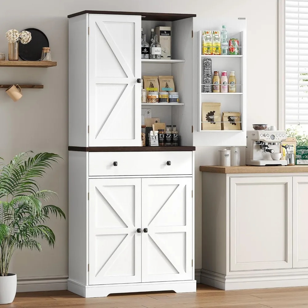 

71" Tall Farmhouse Kitchen Pantry Cabinet with 6 Door Shelves & Drawer, Wood Pantry Storage Cabinet with 2 Adjustable Shelves &