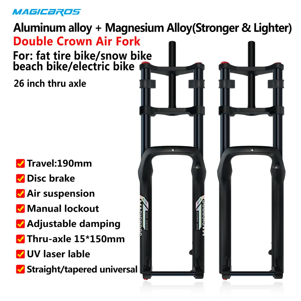 

MAGICBROS 26*5.0 MTB DH Air Suspension Thru Axle 15*150MM Beach Snow Bike Electric Fat Bike Double Crown Fork with Travel 190MM